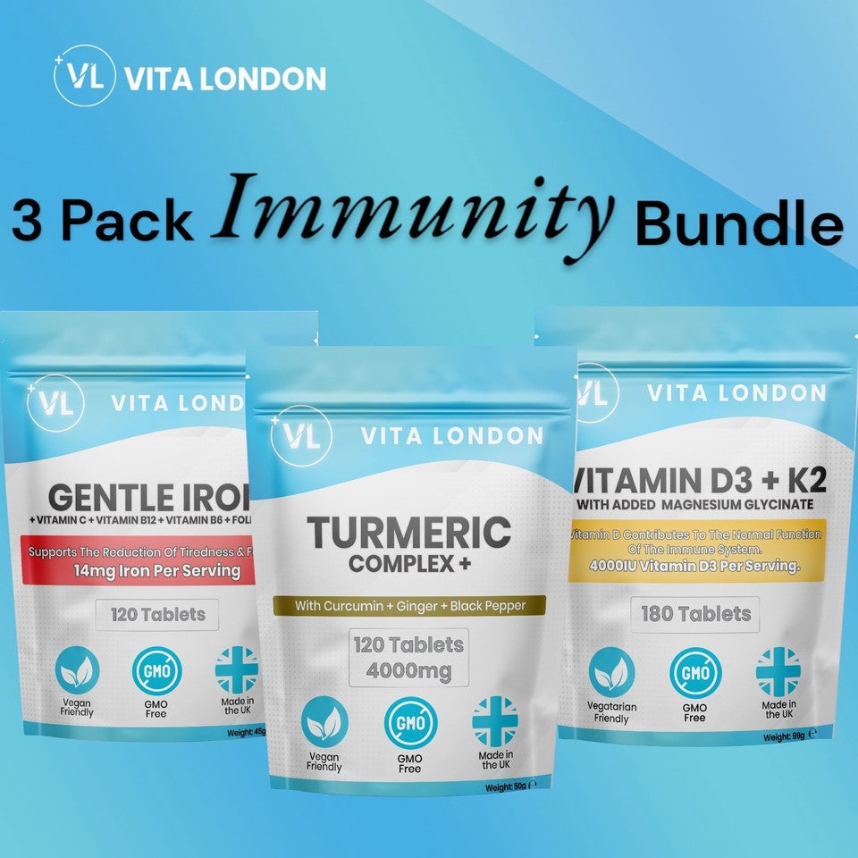 Immunity Vitamin Bundle: Gentle Iron + B-Vits • Vitamin D3 + K2 + Magnesium Glycinate • Turmeric, Ginger & Black Pepper (3-Pack)