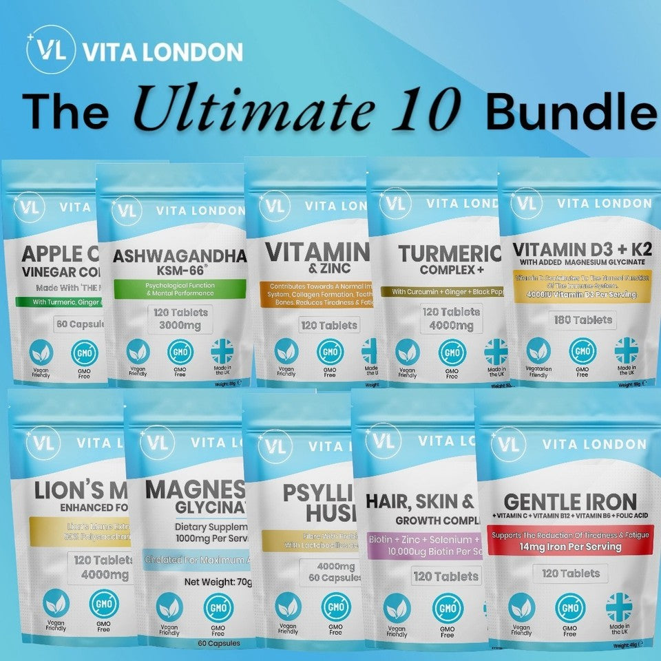 Ultimate 10 Vitamin Bundle: C & Zinc • Ashwagandha KSM-66® • Turmeric Ginger & Black Pepper • Magnesium Glycinate • Lion’s Mane • D3 + K2 + Mg • Apple Cider Vinegar Complex • Gentle Iron + B-Vits • Psyllium Husk + Probiotic • Hair, Skin & Nails