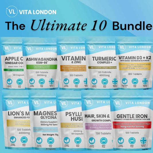 Ultimate 10 Vitamin Bundle: C & Zinc • Ashwagandha KSM-66® • Turmeric Ginger & Black Pepper • Magnesium Glycinate • Lion’s Mane • D3 + K2 + Mg • Apple Cider Vinegar Complex • Gentle Iron + B-Vits • Psyllium Husk + Probiotic • Hair, Skin & Nails